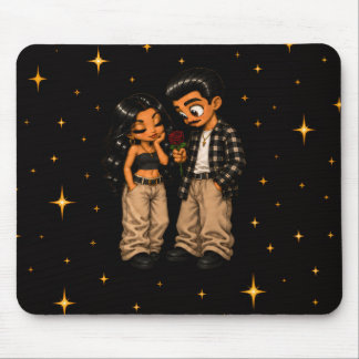 Chicano Love Couple Red Rose & Gold Stars Mouse Pad
