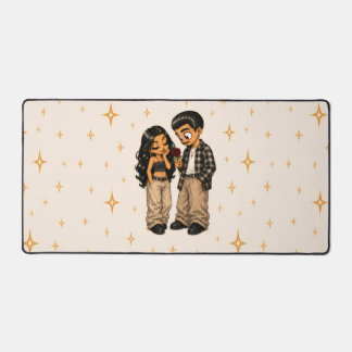 Chicano Love Couple Red Rose & Golden Sparkles Desk Mat