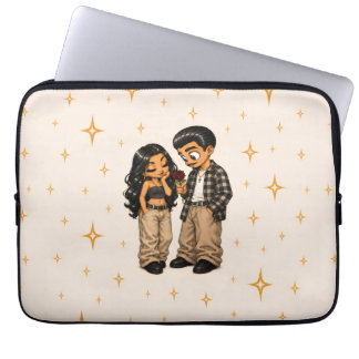 Chicano Love Couple Red Rose & Golden Sparkles Laptop Sleeve