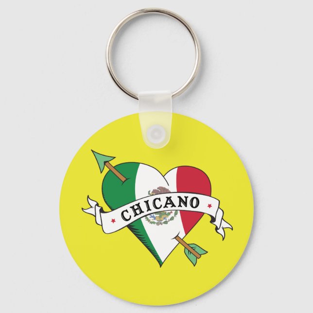 Chicano Tattoo Heart with Mexican Flag Key Ring (Front)