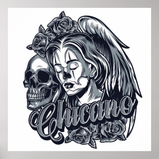 Chicano (Woman with Wings, Roses and Skull) Poster
