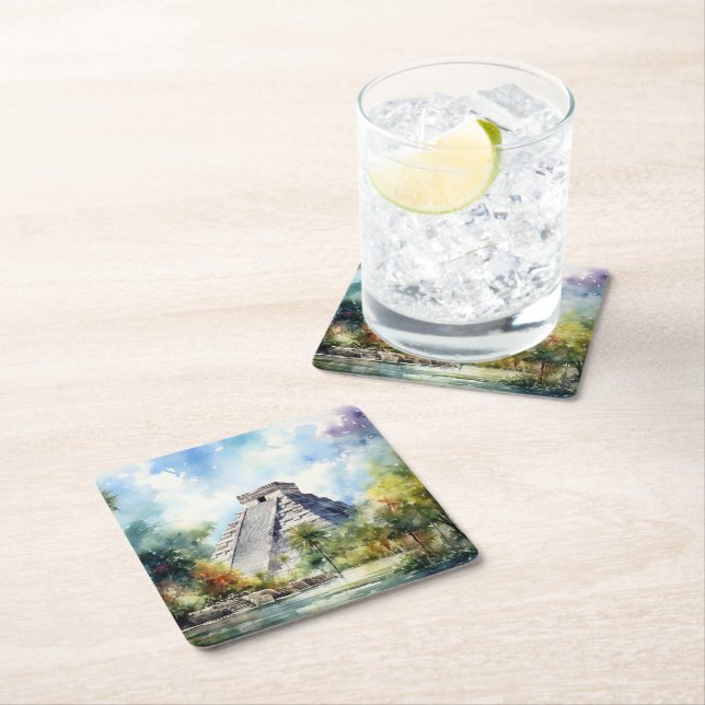 Chichen Itza Square Paper Coaster (Insitu)