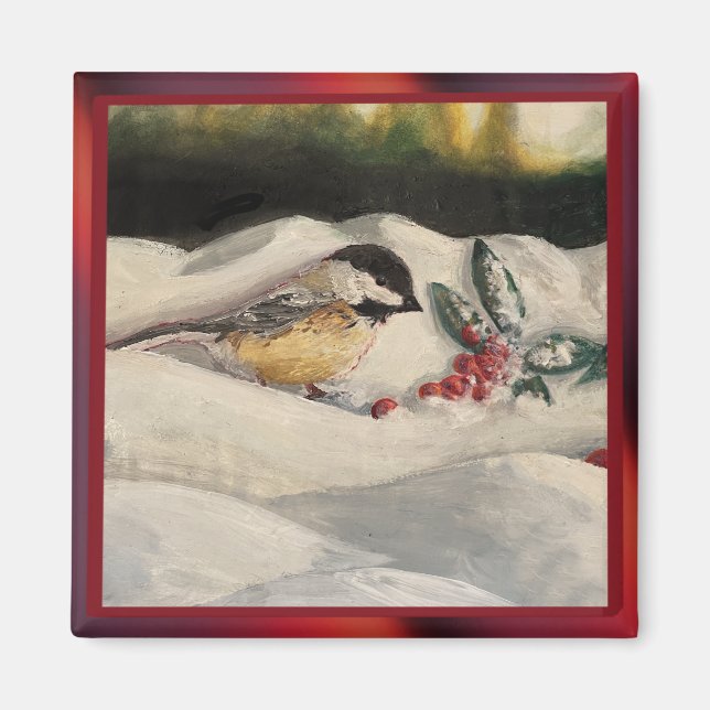 Chick-a-Dee with Mistletoe Folded Card (Blank) Magnet (Front)