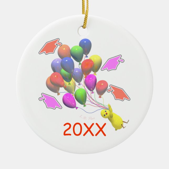 Chick and Balloons Kindergarten Graduation Ceramic Tree Decoration (Front)