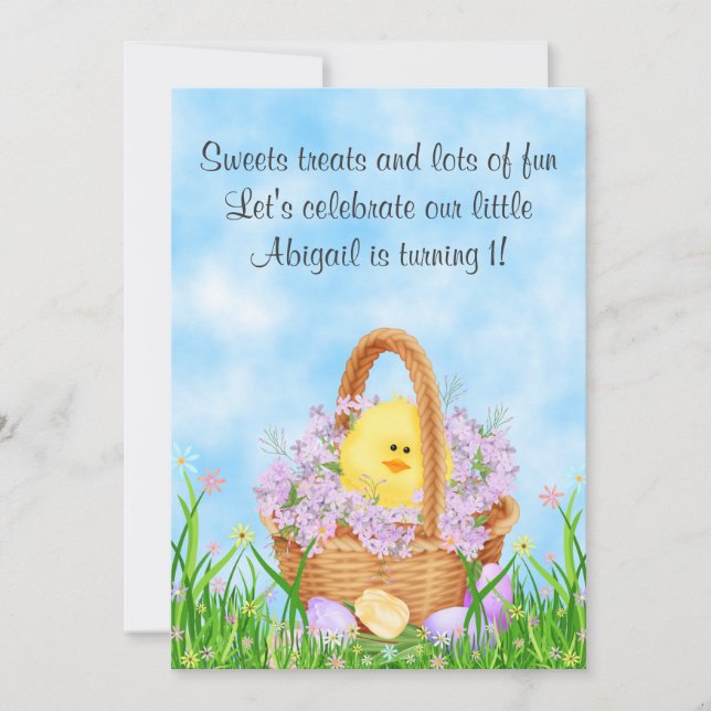 Chick and Easter Basket 1st Birthday Invitation (Front)