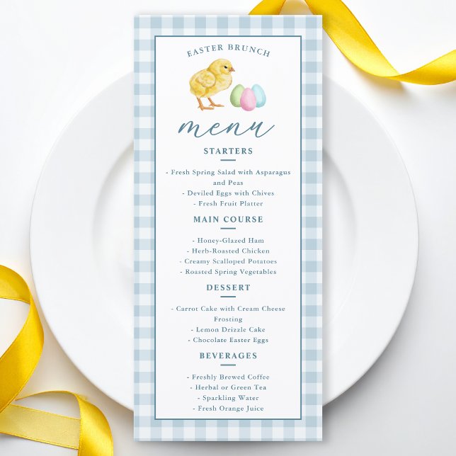 Chick And Pastel Eggs Blue Gingham Easter Brunch Menu (Creator Uploaded)