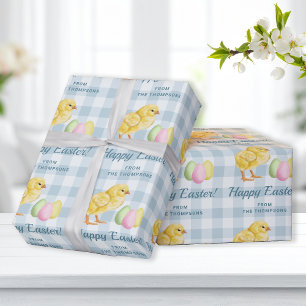 Chick And Pastel Eggs Happy Easter Blue Gingham Wrapping Paper