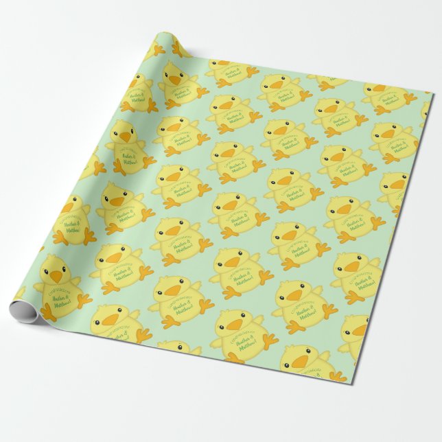 Chick Baby Shower Green Wrapping Paper (Unrolled)