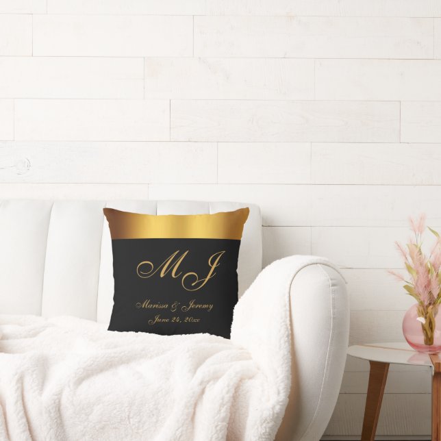 Chick Black Gold Monogram Script Wedding Cushion (Couch)