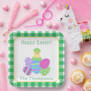 Chick Colored Eggs Green Check Happy Easter Paper Plate