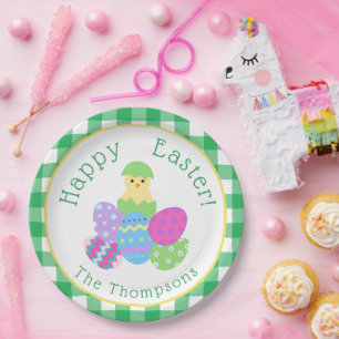 Chick Colored Eggs Green Check Happy Easter Round Paper Plate