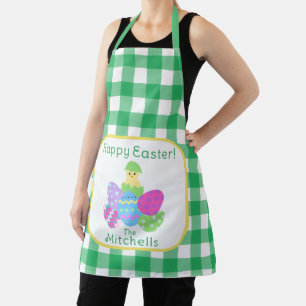 Chick Colour Eggs Green Check Happy Easter NAME Sq Apron