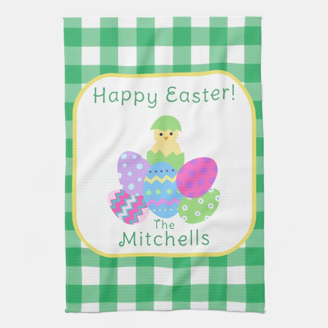 Chick Coloured Eggs Green Check Happy Easter NAME Tea Towel (Vertical)