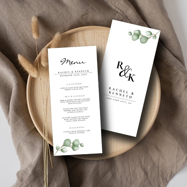 Chick Eucalyptus Black & White Minimalist Wedding Menu (Creator Uploaded)