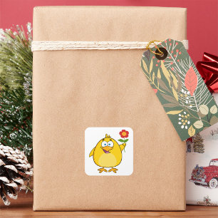 Chick Holding Flower Funny Happy Animal Square Sticker