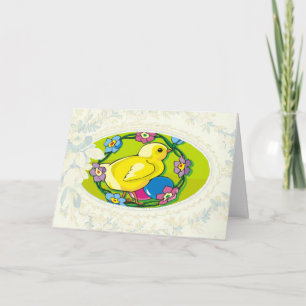Chick In Circle Of Flowers Easter Card