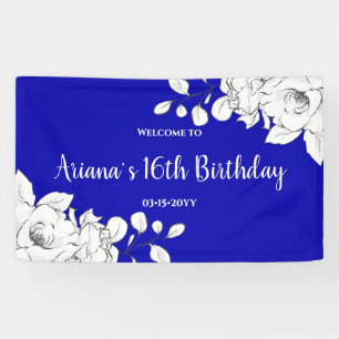 Chick Modern Royal Blue White Floral Birthday Banner