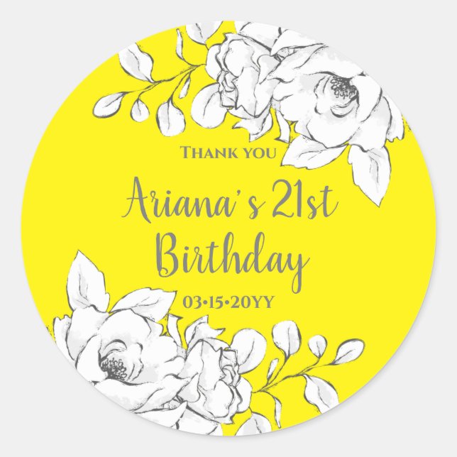 Chick Modern Yellow White Floral Thank You Classic Round Sticker (Front)