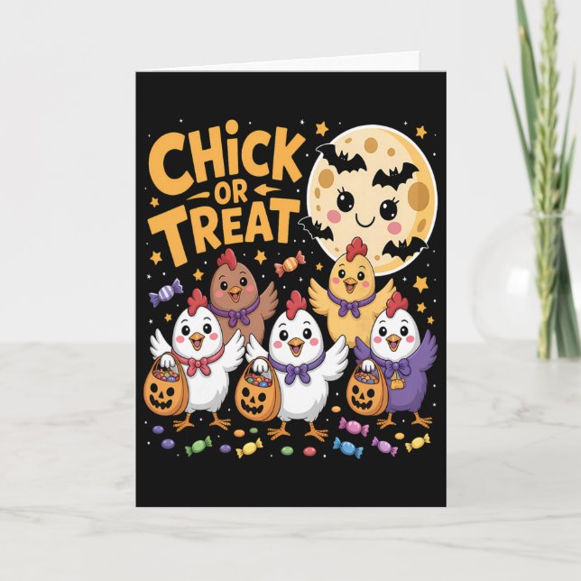 Chick Or Treat Halloween Moon Chicken Fun  Card (Front)