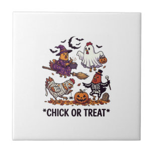 Chick Or Treat Haloween Chickens Witch Ghost Pumpk Tile