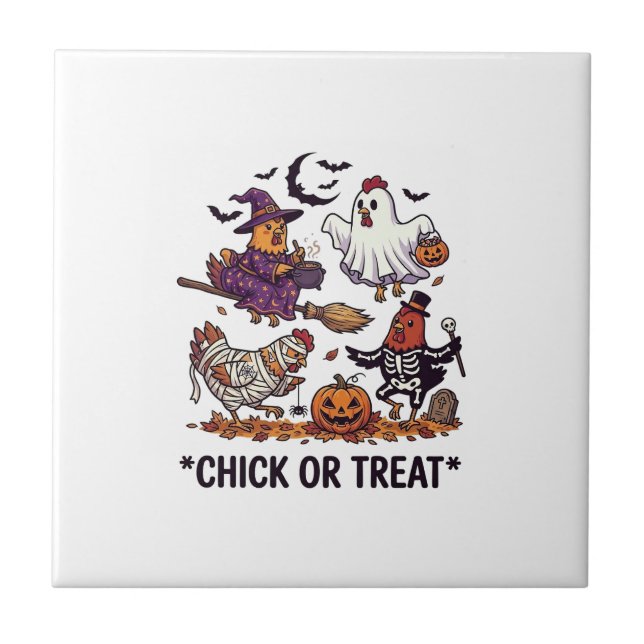 Chick Or Treat Haloween Chickens Witch Ghost Pumpk Tile (Front)