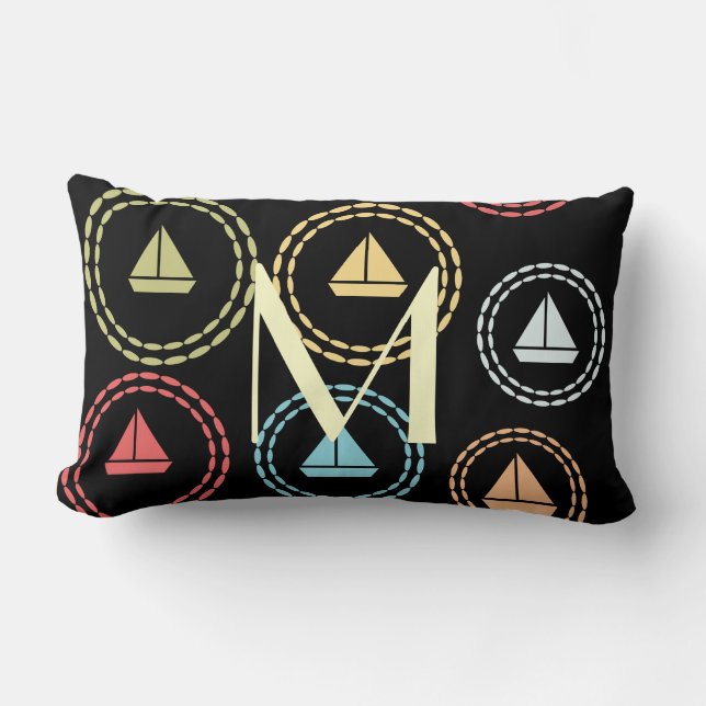 Chick Sailor Fun Sail Boat Pattern Monogram Lumbar Cushion (Front)