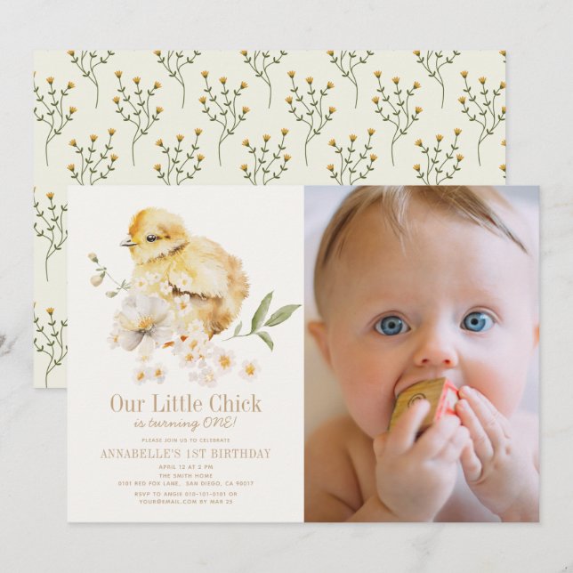Chick Watercolor Floral Girl 1st Birthday Photo Invitation (Front/Back)