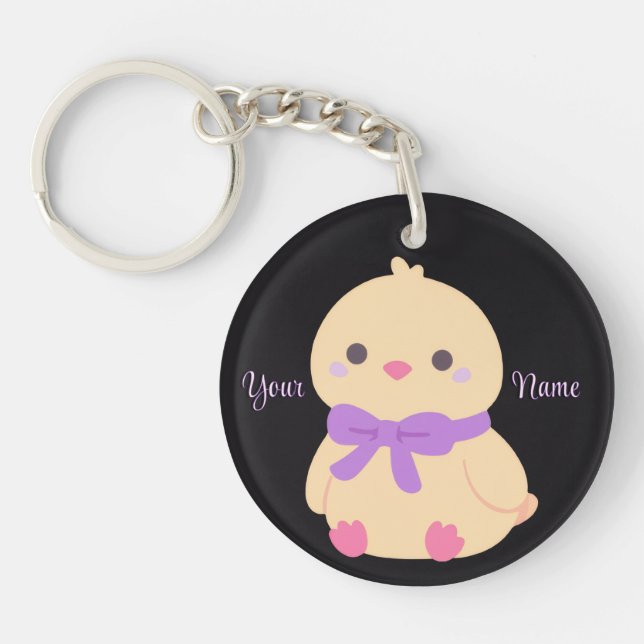 Chick with Purple Bow Cute Kawaii Black Custom Key Ring (Front)