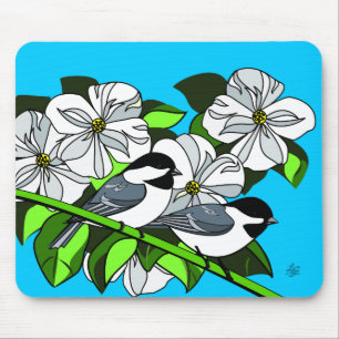 Chickadee Among Dogwood Flowers Mouse Pad