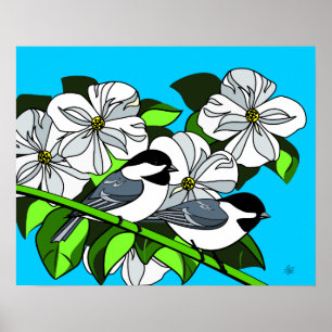 Chickadee Among Dogwood Flowers Poster