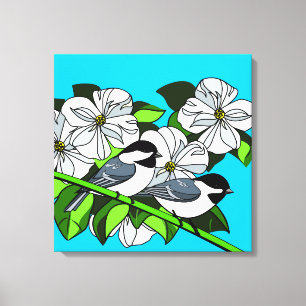 Chickadee And Dogwood Flower Art Canvas Print