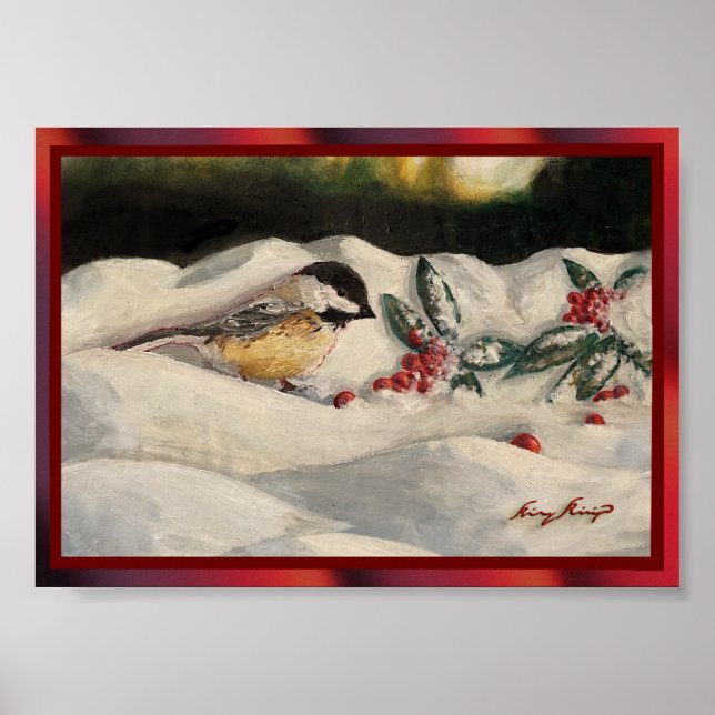 Chickadee and Mistletoe on Christmas Winter Snow P Poster (Front)