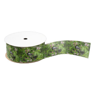 Chickadee and spring blossoms grosgrain ribbon