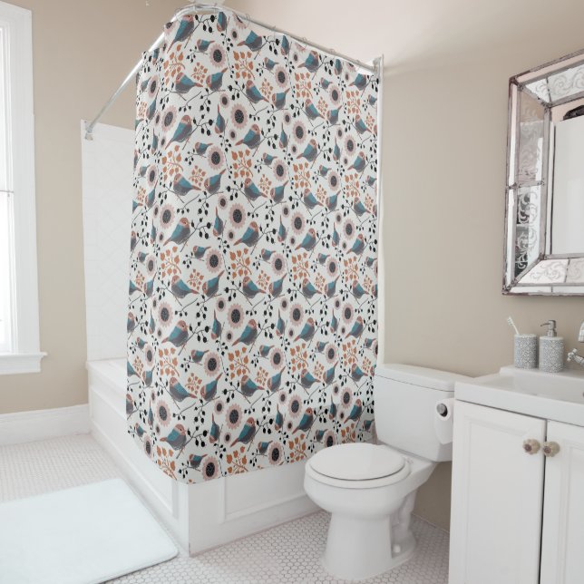 Chickadee Bird And Berry Pattern Floral Design Shower Curtain (In Situ)