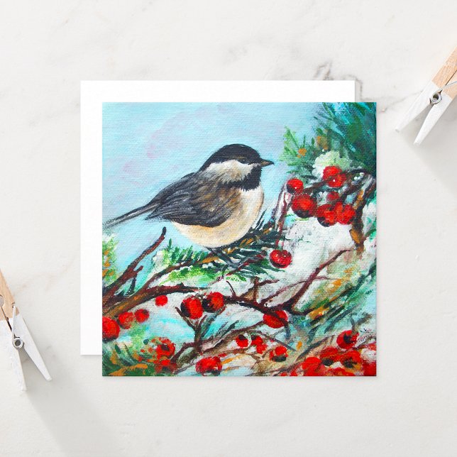 Chickadee Bird Berries Art Card (Chickadee Black Capped Art from Jenn's Emporium. )