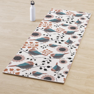 Chickadee Bird Berries Flowers Mauve Grey Black Yoga Mat