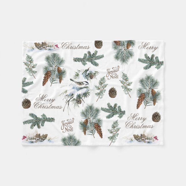 Chickadee Bird Evergreen Merry Christmas French Fleece Blanket (Front (Horizontal))