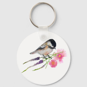 Chickadee Bird Flowers Key Ring
