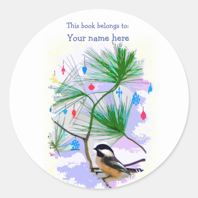 Chickadee Bird in Tree Bookplate Classic Round Sticker (Front)