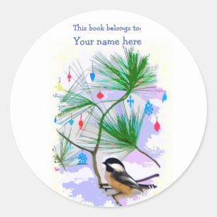 Chickadee Bird in Tree Bookplate Classic Round Sticker