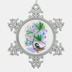 Chickadee Bird in Tree Pewter Snowflake Magnet Christmas Ornament