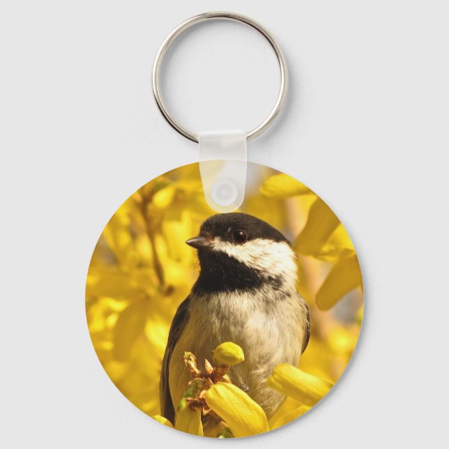 Chickadee Bird in Yellow Flowers Keychain (Front)