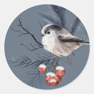 Chickadee Bird on Holly Limb Classic Round Sticker