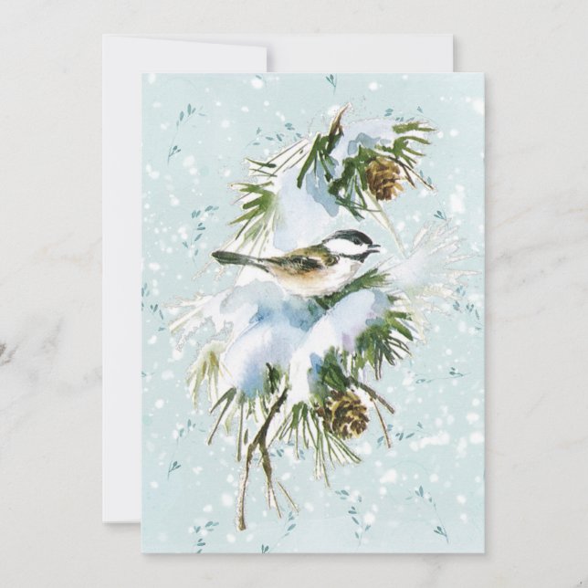 Chickadee Bird Pinecone Snow Winter Christmas Teal Holiday Card (Front)