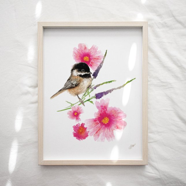 Chickadee Bird Pink Flowers Art Print (Creator Uploaded)