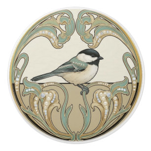 Chickadee Bird Sage Green & Gold Art Deco Nouveau Ceramic Knob