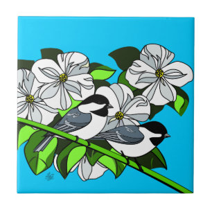 Chickadee Birds and Flowers Tile