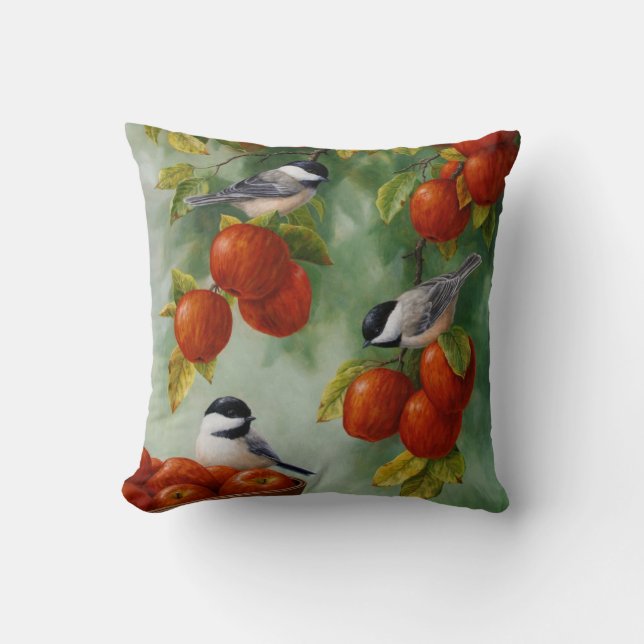 Chickadee Birds Apple Harvest Cushion (Front)