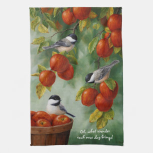 Chickadee Birds Apple Harvest Tea Towel