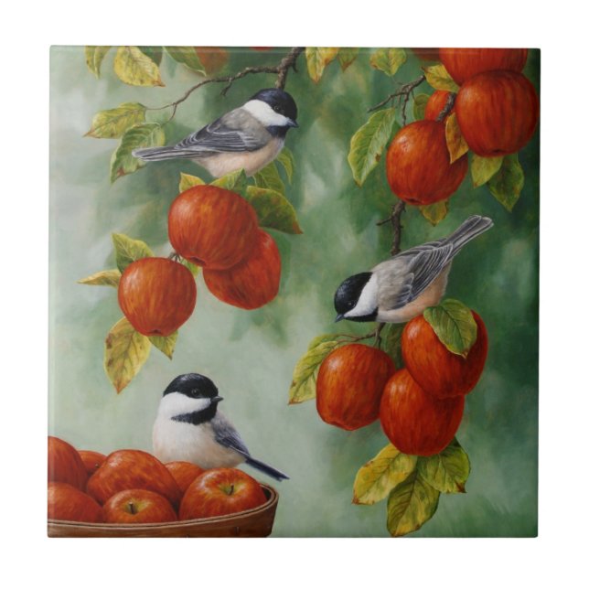Chickadee Birds Apple Harvest Tile (Front)